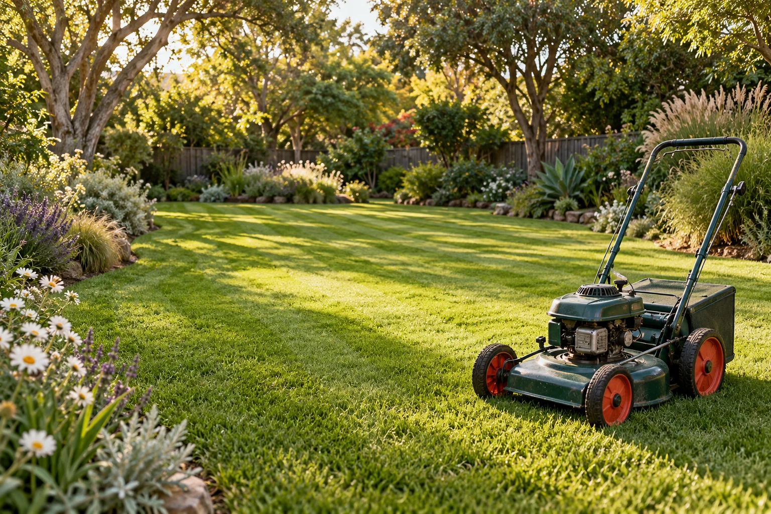 A green mower on a freshly striped lawn surrounded by a sunny, flower-filled garden